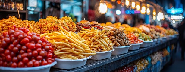 Fototapeta premium A lively gourmet food truck festival, featuring urban street food, colorful lighting, a diverse crowd, and a summer evening, creating a celebration of flavors and a memorable culinary event.