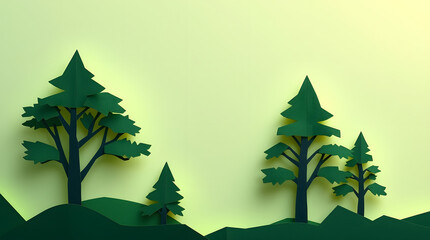 Fototapeta premium Stylized paper cut forest with green trees on a soft yellow background