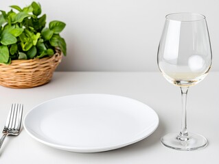 A sophisticated dinner table adorned with a white tablecloth, candles, and a bouquet of white flowers in white and brown.
