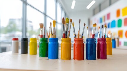 In a sunlit room of an art studio, a paint-splattered table holds containers of paintbrushes and paint pots, positioned by large windows and plants.