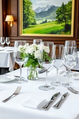 A conventional dining area adorned with fine wood furnishings, refined table decor, and traditional wall art for a lasting appeal.