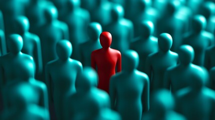 Obraz premium Unique Red Figure Among Teal Crowd Symbolizing Individuality and Standout Concept : Generative AI