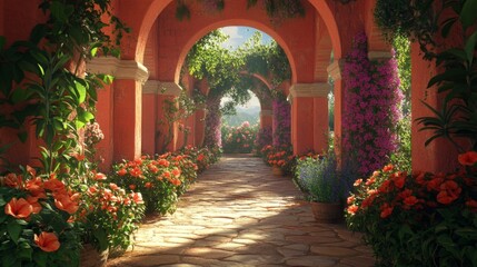 Fototapeta premium Arched Garden Pathway with Lush Flowers and Brick Pillars