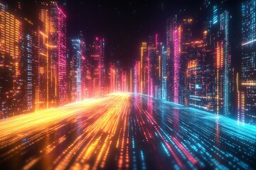 Obraz premium Futuristic Neon Skyline with Vibrant City Lights in a Cyberpunk Aesthetic : Generative AI
