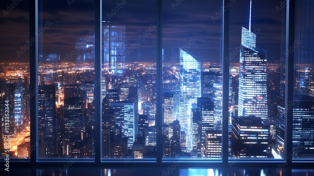 Poster captivating urban night view with glowing skyscrapers and dynamic city lights : generative ai