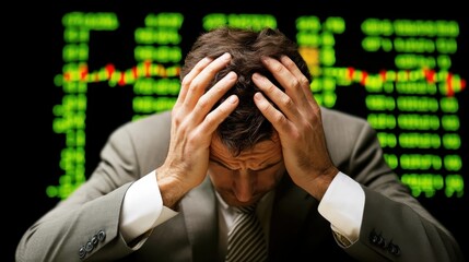 Stressed businessman holding head in hands with stock market data background, illustrating financial crisis and economic stress.