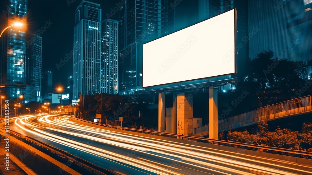 Poster dynamic city nightscape with prominent blank billboard above busy highway : generative ai