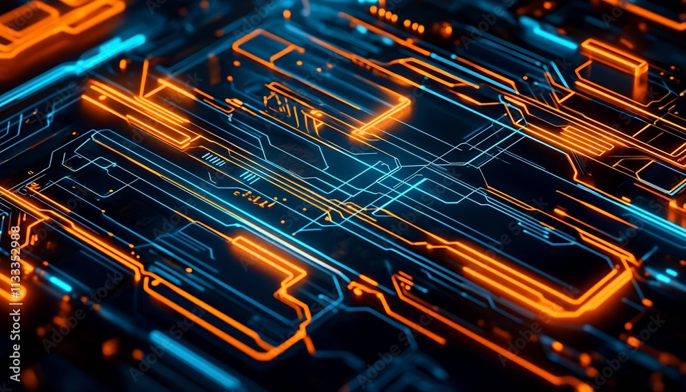 Poster High-Tech Cyber Circuit Panel with Blue and Orange Neon Highlights : Generative AI