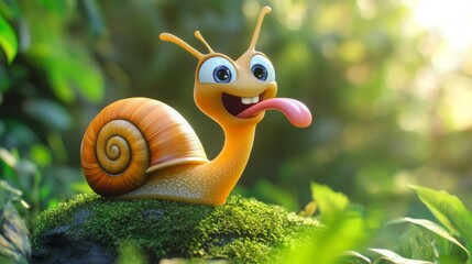 Obraz premium Charming orange snail cartoon with a cheerful face, sticking out its tongue on a mossy rock. Surrounded by glowing forest greenery, perfect for whimsical or nature-themed artwork.. AI Generation. AI