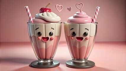 A pair of cheerful milkshake glasses, with heart-shaped straws and smiling faces
