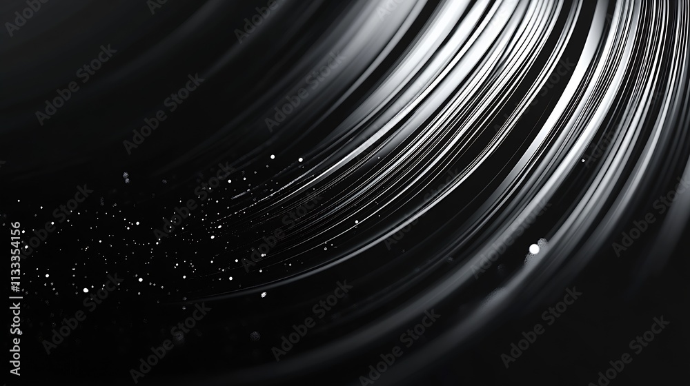 Aufkleber Abstract black and white curved lines with sparkling dots creating dynamic flow pattern : Generative AI