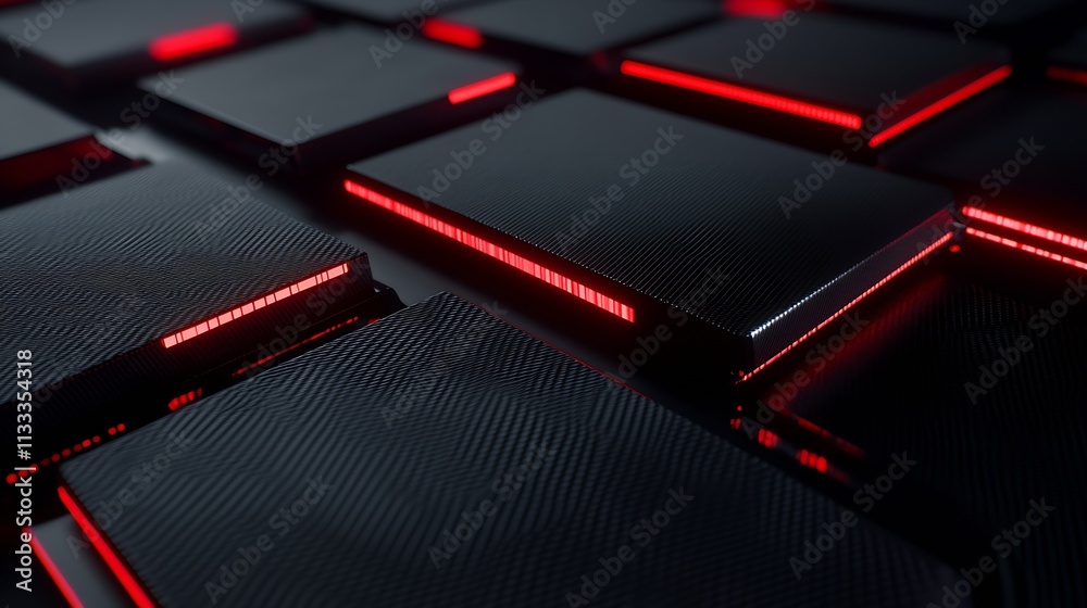 Aufkleber modern dark surface with glowing red accents on textured square panels : generative ai