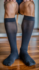 Man wearing black compression socks sitting on wooden floor.