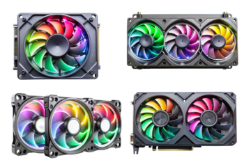 Isolated PNG of RGB graphics card fans in top view, perfect for tech visuals, branding, and creative projects