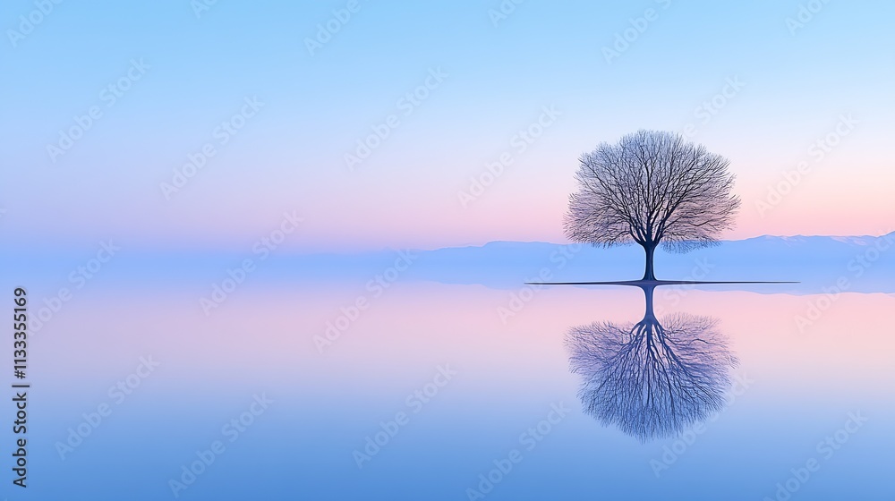 Poster solitary tree in calm waters at twilight during golden hour : generative ai
