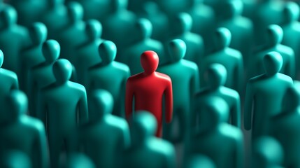 Fototapeta premium Red Figure Standing Out in a Sea of Teal Figures Representing Unique Leadership : Generative AI