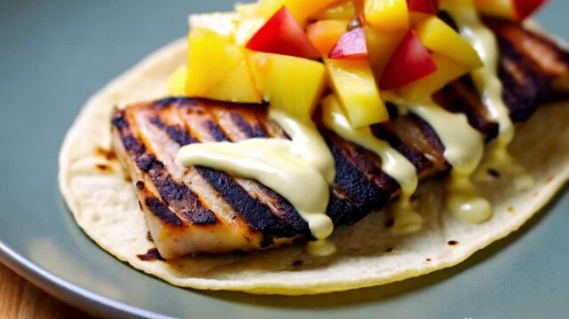 Gourmet fish tacos with grilled mahi-mahi, pineapple salsa, and chipotle crema, served on a stylish round plate.