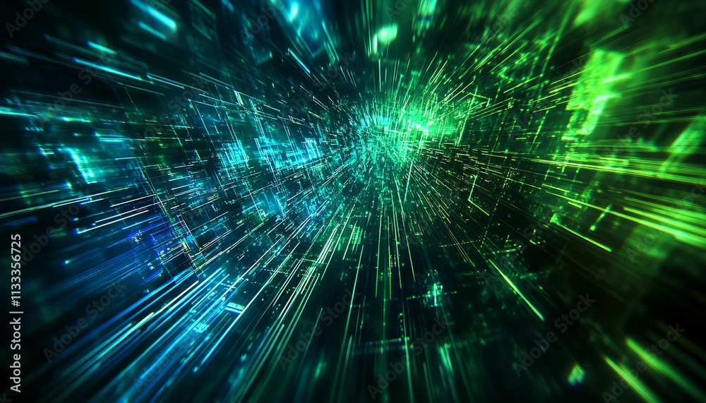 Poster high definition futuristic grid with nebulous green and blue waves : generative ai
