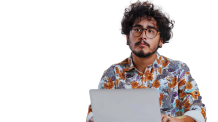 Mexican young male Employee IT specialist sit at work with laptop on white background


