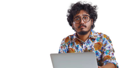 Mexican young male Employee IT specialist sit at work with laptop on white background


