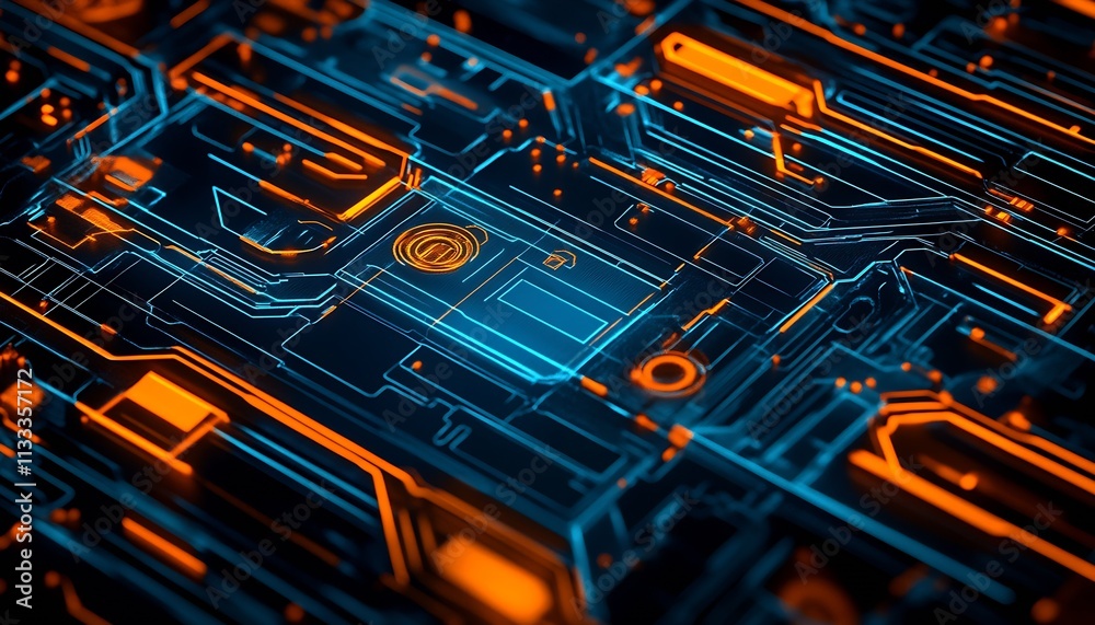 Poster dynamic neon cyber circuit board in blue and orange technology design : generative ai