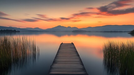 Fototapeta premium Scenic Lake View with Wooden Pier and Mountain Ranges at Sunset : Generative AI