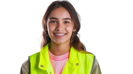 Mexican young female smiling in yellow warning vest safety on white background