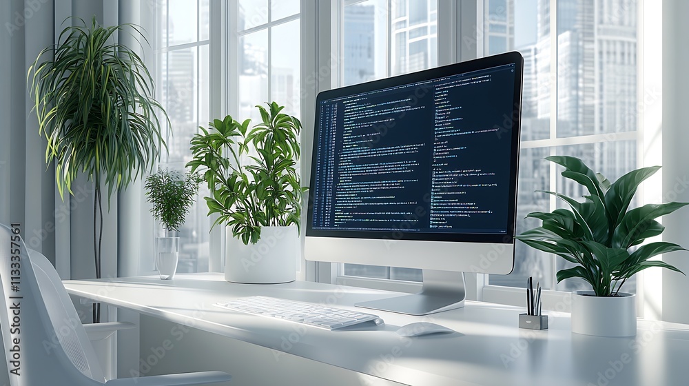 Fototapete Stylish Office Desk with Computer Monitor Showing Software Code in Sunlit Room : Generative AI