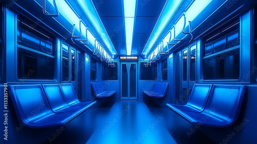 Poster modern illuminated subway carriage with blue neon lights and empty seats : generative ai