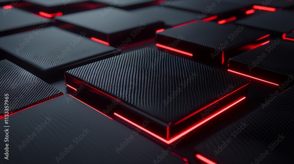 Poster Innovative Black and Red Illuminated Square Tiles in a Futuristic Setting : Generative AI