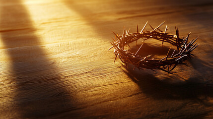 Fototapeta premium Wreath of Thorns with Crown Shadow on Wooden Table