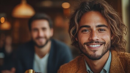 Obraz premium Two men smiling in a cafe, one in focus.