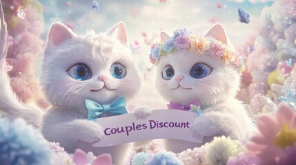 Fototapeta premium Whimsical 3D render with cat characters holding Couples Discount