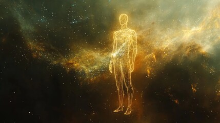 Ethereal depiction of a glowing human silhouette composed of light in a vibrant galaxy backdrop. Highlights cosmic wonder, spirituality, and the beauty of the universe.. AI Generation. AI Generation