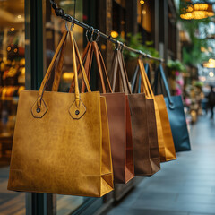 A display of handbags with different colors and designs