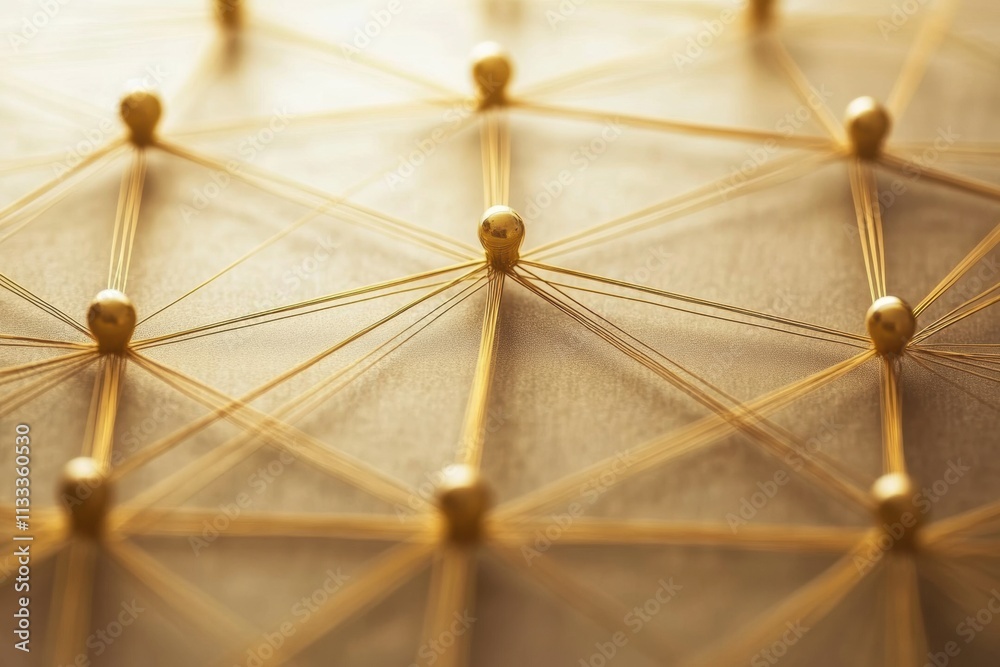 Poster golden lines connect nodes in a network layout, creating a visually appealing design. there is space
