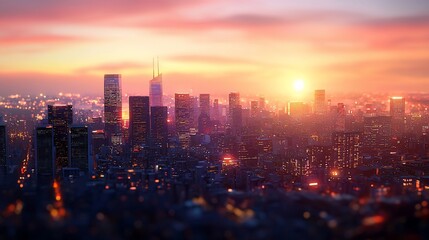 Obraz premium Vibrant sunset over a modern cityscape.