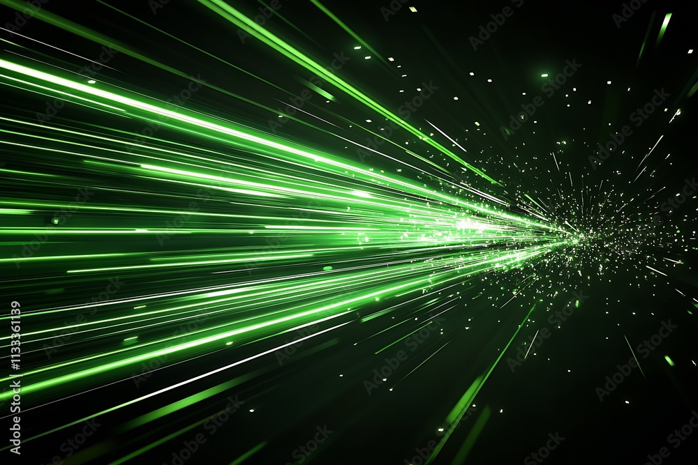 Fototapete Dynamic abstract green light streaks on a black background motion and speed concept design : Generative AI