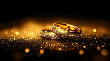 Two gold rings are placed on a black background. The rings are shiny and sparkly, giving off a luxurious and elegant vibe