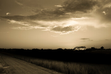 Landscape in the countryside with beautiful sky and lonely house in Spain