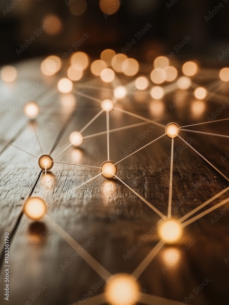 Poster Connective lines with illuminated nodes form a network design, providing an ideal area for adding personalized content or messages. Generative AI