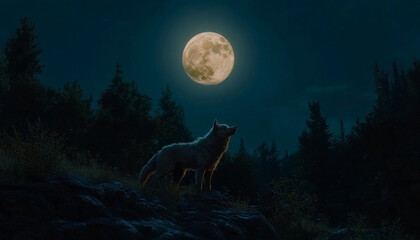 A wolf howls at a full moon in a serene nighttime forest setting. © marh.pan
