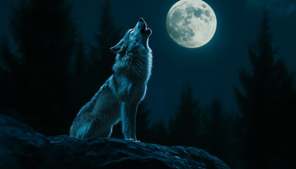 A wolf howls under a full moon, surrounded by dark trees in a serene night landscape.