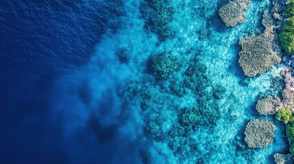 Obraz premium Vibrant coral reefs and clear blue waters seen from above in a tropical coastal environment during midday sunlight