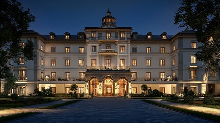 Obraz premium Grand hotel at night, illuminated facade, majestic architecture.