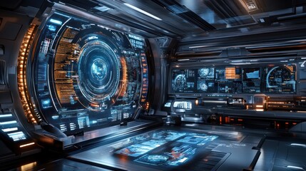 Futuristic Spaceship Bridge Interior: High-Tech Control Room