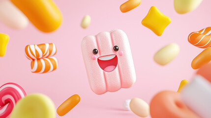 Obraz premium Cute pastel colored candies and sweets floating in playful arrangement, creating joyful atmosphere