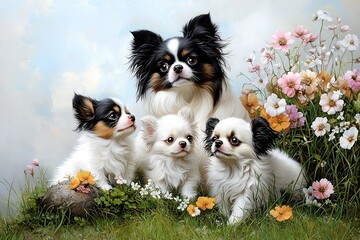 Obraz premium Playful chihuahua puppies in a blooming garden cute pet photography nature close-up view