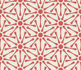 Elegant geometric composition with groups of short, thin red lines arranged in a radial pattern on a white background. Seamless repeating pattern with a simple and modern design. Vector illustration.