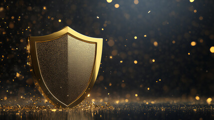 Fototapeta premium Golden shield award celebration with bokeh glittering background display on stage